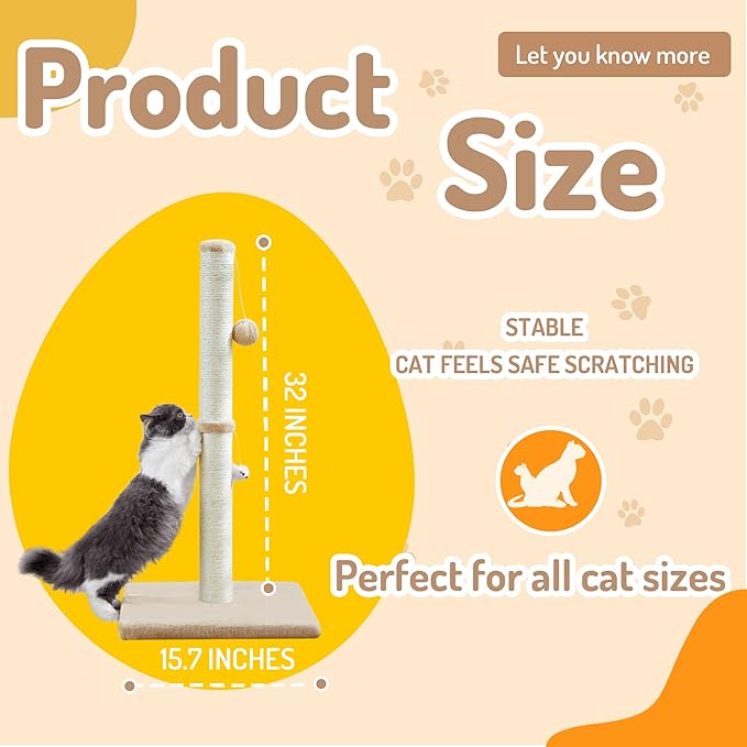 MeowHomm 32” Tall Cat Scratching Posts for Indoor Cats Adults with 2 Hanging Ball, Large Cat Scratch Post Cat Scratcher Includes Sisal Rope(Yellow) - PAWPICO