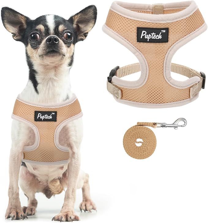 PUPTECK Soft Mesh Dog Harness and Leash Set Pet Puppy Cat Comfort Padded Vest No Pull Harnesses, Solid Beige, XS PUPTECK
