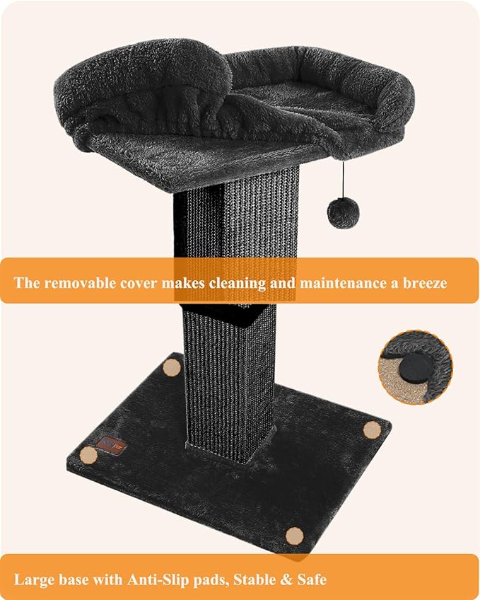 32" Cat Scratching Post for Indoor Cats, Sisal Cat Scratcher with Plush Perch, Large Scratch Post with Bed, Removable Cover, Sisal Fabric,Black - PAWPICO