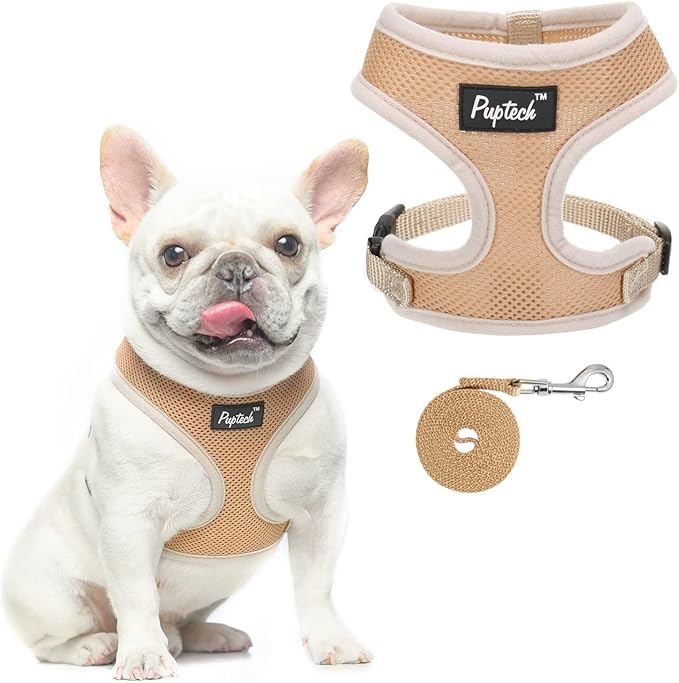 PUPTECK Soft Mesh Dog Harness and Leash Set Pet Puppy Cat Comfort Padded Vest No Pull Harnesses, Solid Beige, L PUPTECK