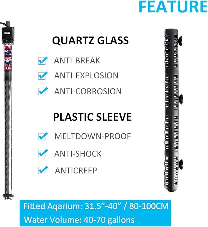 300W Aquarium Heater Underwater 300 Watt Submersible Fish Tank Heater for Fresh Water & Salt Water Suit for 35-80 Gallons Tank ZHGSERVU