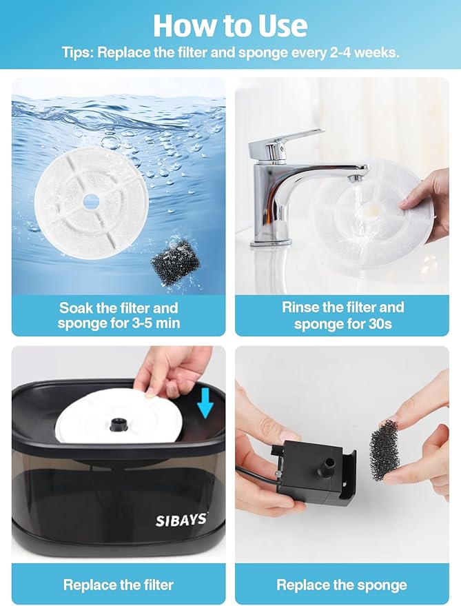 SIBAYS 6 Pack 7" Large Size Activated Carbon Cat Water Fountain F-ilters Replacement 300oz/9L Water Fountain with 5 Layers F-iltration System Pet Water Fountains,Coconut Shell and PP Cotton - PAWPICO