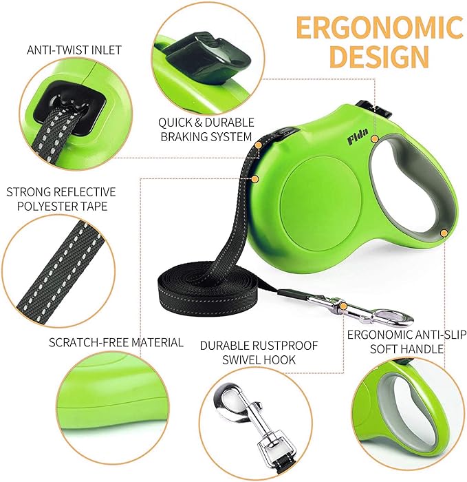 Fida Retractable Dog Leash, 16ft Heavy Duty Pet Walking Leash for Medium Dog or Cat up to 44 lbs, Tangle Free. One-Hand Brake (Medium, Green) Fida
