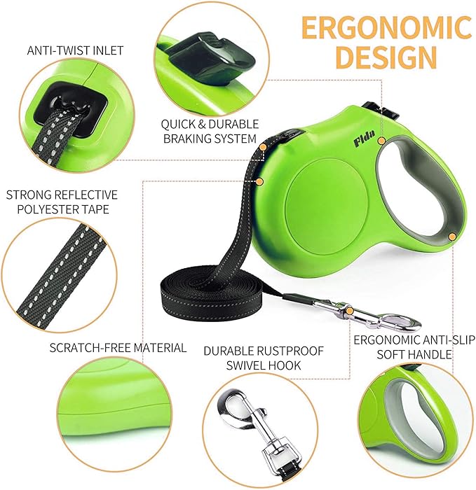 Fida Retractable Dog Leash, 10ft Heavy Duty Pet Walking Leash for X-Small Dog or Cat up to 18 lbs, Tangle Free. One-Hand Brake (X-Small, Green) Fida