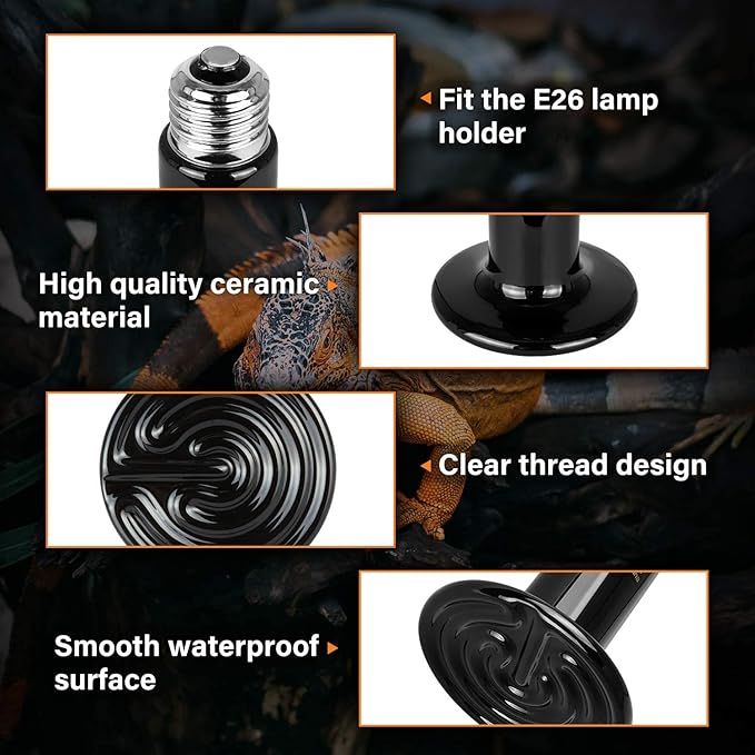 Simple Deluxe 25W Ceramic Heat Lamp, Reptile Heat Bulb Emitter, No Light Emitting Brooder Coop Heater for Amphibian Pet & Incubating Chicken, Black, 4 Pack SimpleDeluxe