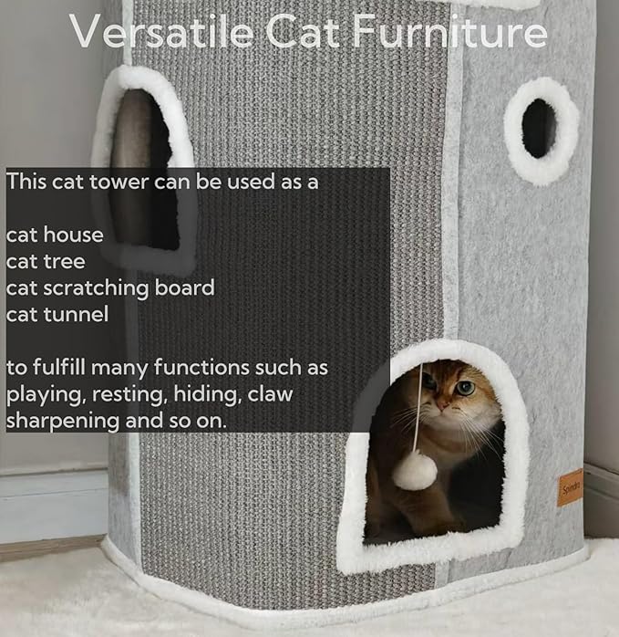 4-Level Cat House for Indoor Cats, Large Adult Cat Peekaboo Cave Bed Cats Cube Houses with Scratch Pad Cat Towers Cute Kitten Condo Hideaway Hut for Multi Pets Under 55 lbs Light Grey - PAWPICO
