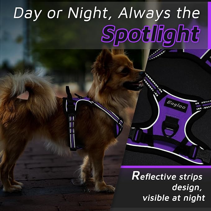 Eagloo Small Dog Harness No Pull, Service Vest with Reflective Strips and Control Handle, Adjustable and Comfortable for Easy Walking, No Choke Pet Harness with 2 Metal Rings, Purple, XS GoExplorewithEagloo