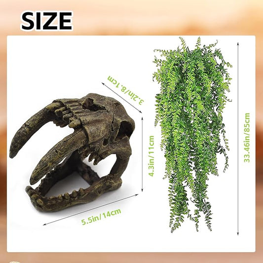 Resin Skull Habitat Hideout Cave Decor Reptile Hammock Lizard Lounger Bearded Dragon Tank Accessories Reptiles Hanging Vine Bendable Jungle Climbing Plant Terrarium Decoration(4PCS) MUYG
