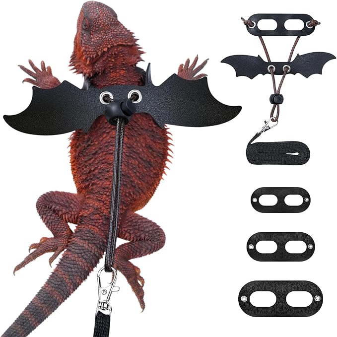 Bearded Dragon Harness and Leash Set, Adjustable Harness Soft Leather-3 Sizes (S, M, L) with Black Wing, Upgrade Lizard Reptile Leash Harness for Bearded Dragon,Lizard, Iguana or Gecko Bopurle