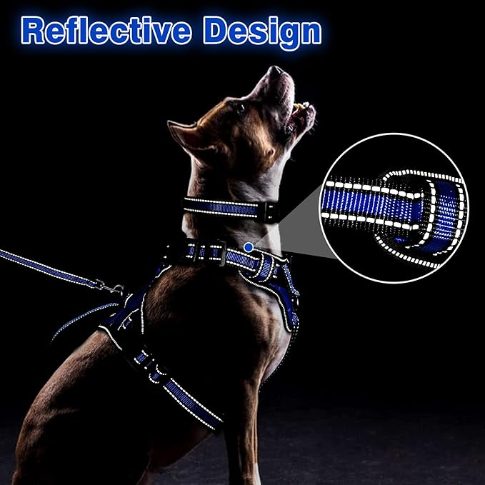 WINSEE Pet Harness Collar and Leash Set, All-in-one Reflective Dog Harness No Pull with Adjustable Buckles for Puppies, Small, Medium, Large, and Extra-Large Dogs (Large, Dark Blue) - PAWPICO
