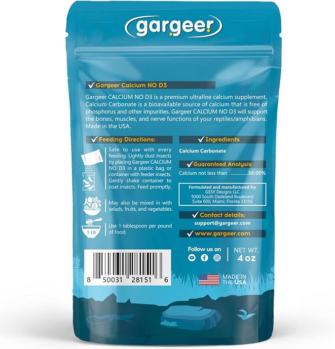 4oz All Reptile Calcium Powder, Phosphorus-Free Ultrafine Powder, Pure Dust Without Vitamin D3, Ready to Use for All Reptiles, Lizards & Amphibians Supplement. Made in The USA. Enjoy ! Gargeer