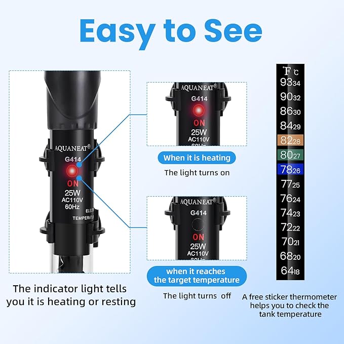 AQUANEAT Aquarium Heater, 25W Fish Tank Heater, Adjustable Submersible Water Thermostat with Thermometer Aquaneat