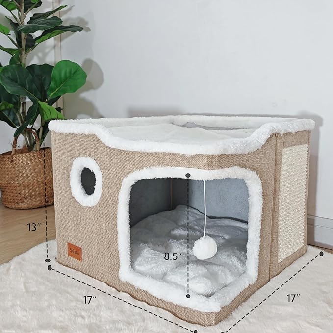 Large Cat Bed for Indoor Cats, Foldable Adult Cat Cave Anti Anxiety Cat House Cube with Scratch Pad Cat Towers, Cute Kitten Condo Hideaway Hut with Soft Pillow Mat for 2 Pets Under 30 lbs Kaki - PAWPICO