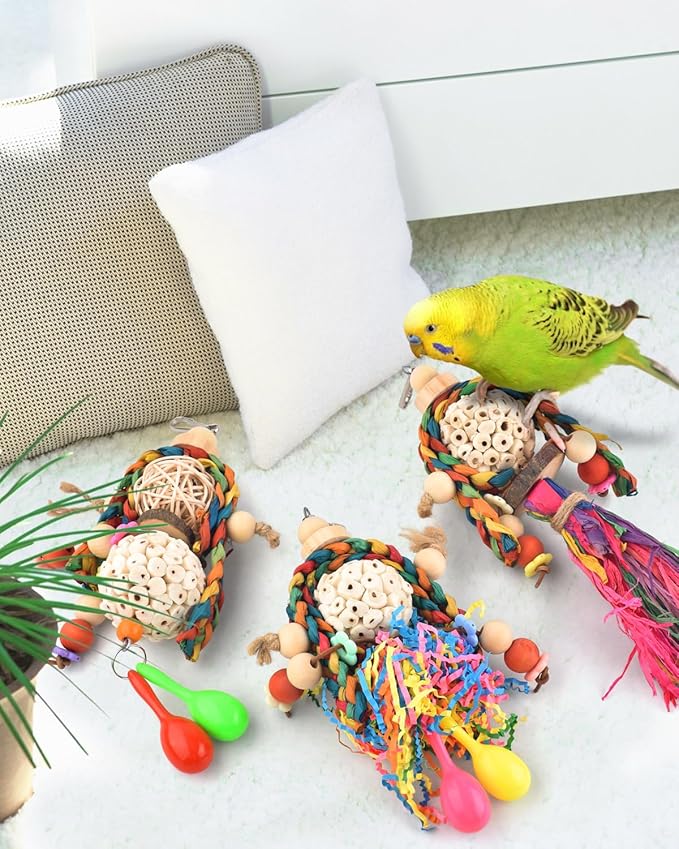 Bissap Conure Toys, 3PCS Bird Parrot Foraging Shredder Hanging Toys Sola Balls with Sand Hammer for Small Parrots Parakeets Conures Cockatiels Love Birds Cage Toy Bissap