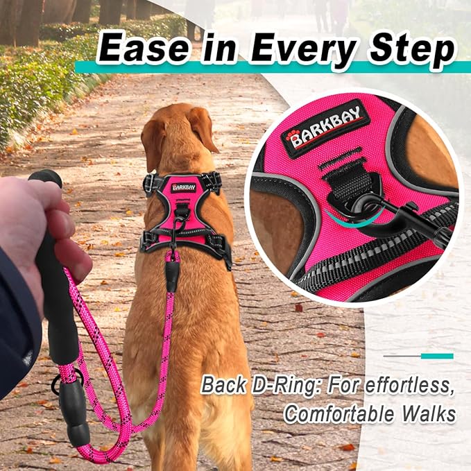 BARKBAY Dog Harness No Pull 3 Buckles for Large Dogs - Adjustable, Reflective, Comfortable, No Choke, Heavy-Duty - Perfect for Outdoor Training, Walking, and Hiking - Strong & Durable - XL & Pink BARKBAY