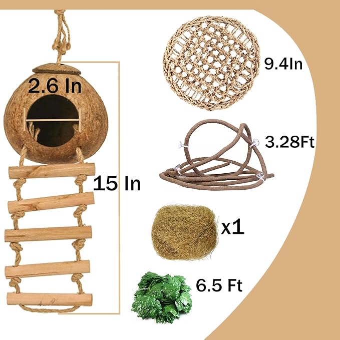 Crested Gecko Tank Accessories, Reptile Hammock and Vines Plants, Coco Hut Coconut Shell with Ladder Hideout Cave Habitat Decor for Lizard Leopard Gecko Tortoise Amphibians Hermit Crab BUYNOW