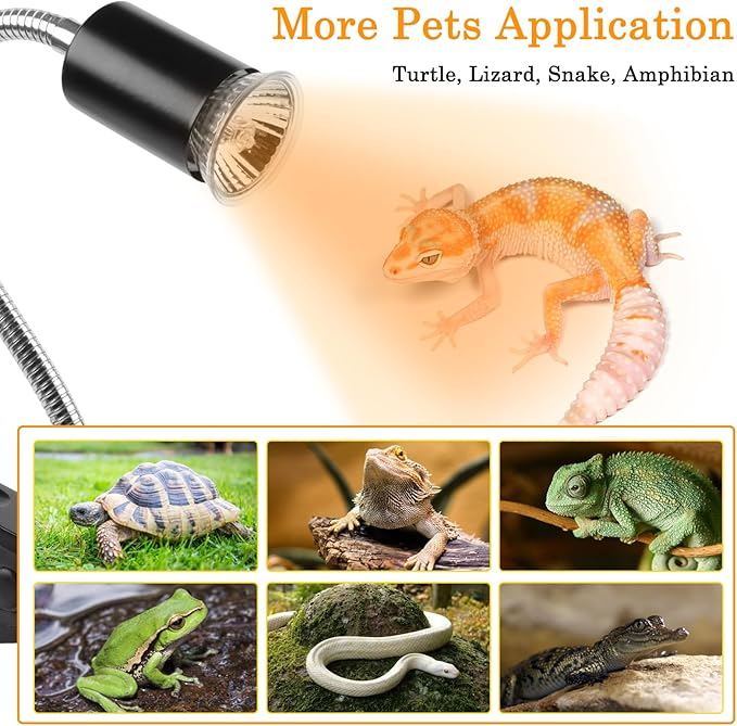 LUCKY HERP Reptile Heat Lamp with Clamp, Aquarium Turtle Tank Basking Light with 360° Rotatable Timing & Dimming and 2 Pack 50W UVA UVB Heat Light Bulb for Turtle Tortoise Lizard LUCKYHERP