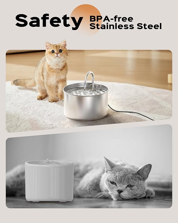 AOOGITF Cat Water Fountain + 8 Filters + 8 Sponges, 304 Stainless Steel Pet Water Fountain, 24 Hours Keep The Water Clean, 74oz Capacity, Ultra-Quiet, No Sputter, Compact, Easy Cleaning - PAWPICO