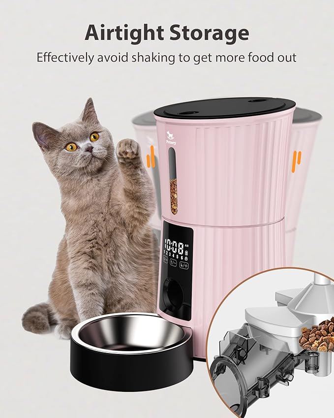 Petory Timed Automatic Cat Feeders - 4L Programable Dry Food Dispenser for Cats and Small Medium Dogs 6 Meals with Desiccant Bag Dual Power Supply 10S Voice Recorder - PAWPICO