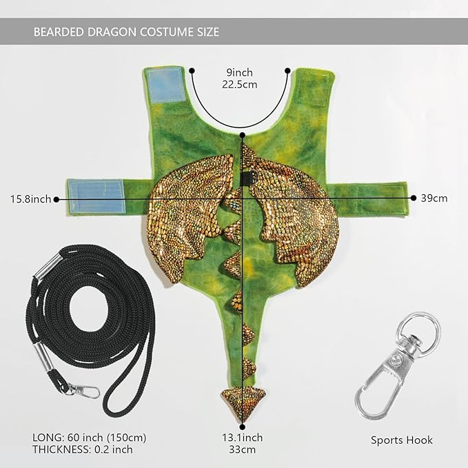 Bearded Dragon Dinosaur Costume with Harness, Bearded Dragon Halloween Costume, Beardie Durable Nylon Leash & Clothes, Tank Accessories for Lizard Reptile Small Pet Rabbit (Large Size) WELCOME