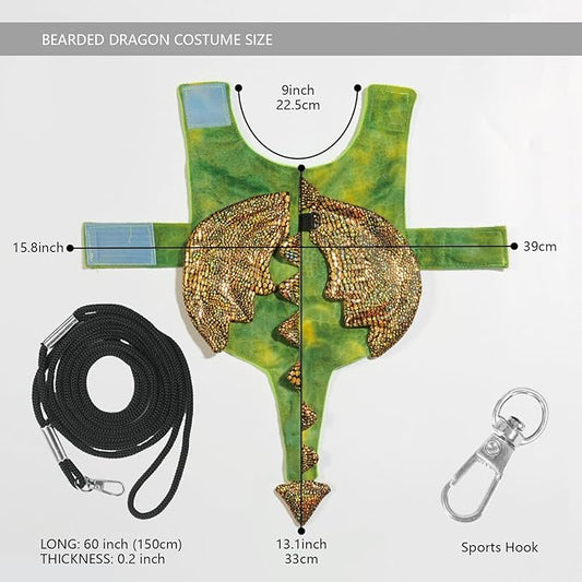 Bearded Dragon Dinosaur Costume with Harness, Bearded Dragon Halloween Costume, Beardie Durable Nylon Leash & Clothes, Tank Accessories for Lizard Reptile Small Pet Rabbit (Large Size) WELCOME