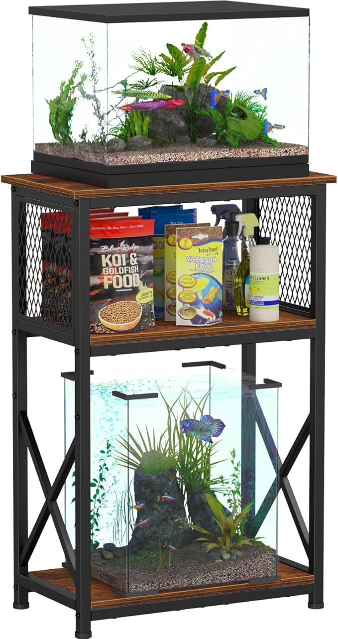 Snughome Fish Tank Stand, 10 Gallon Aquarium Stand with Storage, 3 Tier Heavy Metal Fish Tank Stand Fish Tank Shelf 20.47" x 11.42" x 30.91", Rustic Brown Snughome