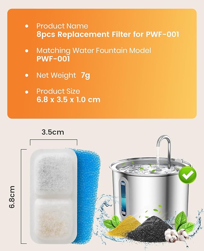 oneisall Cat Water Fountain Filters Replacement, 8 Pack Cat Fountain Filters for 67oz/2L Stainless Steel Cat Fountain Filters, Filters for Cat Water Fountain Easy to Install and Clean - PAWPICO