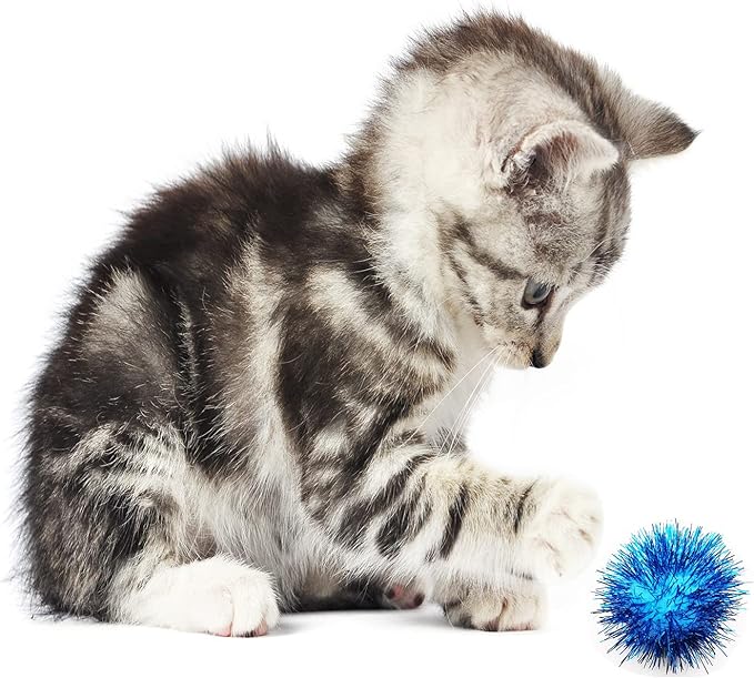 1.8 Inch Assorted Color Flash Ball Cat's Favorite Toy Ball Tinsel Pom Poms Flash for Kittens Exercise and Multiple Cats Play and Chase, 100Pcs - PAWPICO