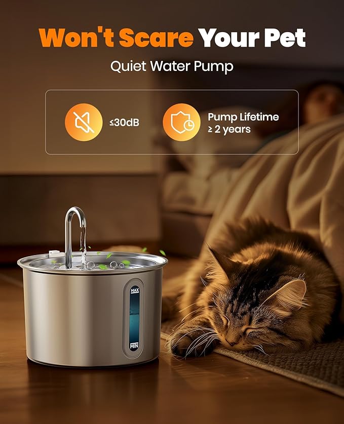oneisall Stainless Steel Cat Water Fountain, 2L Water Fountains for Cats Indoor with Quiet Pump and 3 Replacement Filters, Pet Water Fountain Faucet Spout Design Cat Fountain Drinking Inside, PWF 001 - PAWPICO