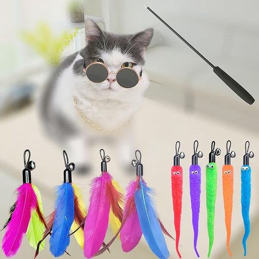 ZPH Cat Toys Interactive for Indoor Cats,2PCS Retractable Cat Wand Toys,9PCS Teaser Toys&1PCS Cat Eyeglasses Cat Toy,Interactive Feather Toy for Teaser Play and Chase Exercise with Kitten - PAWPICO
