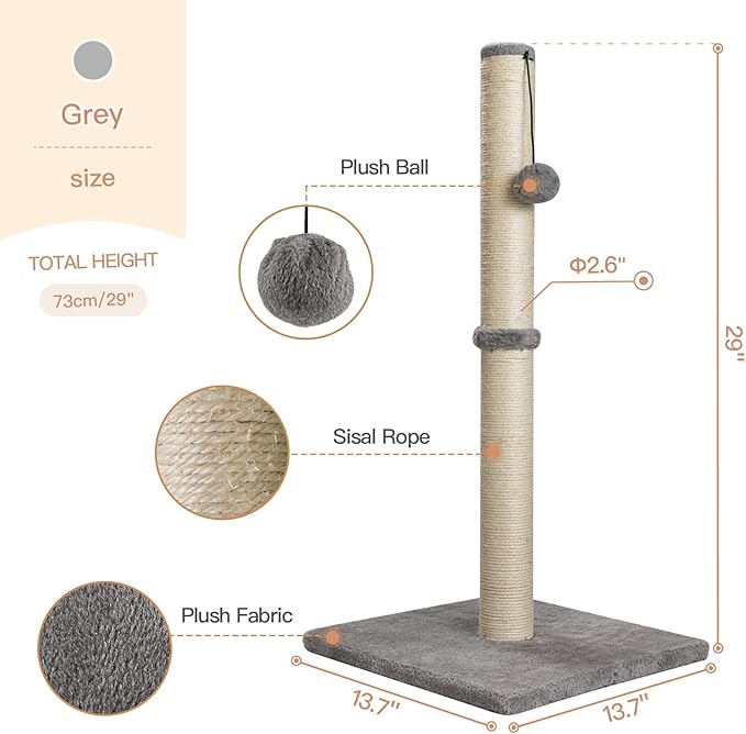 29 Inches Cat Scratching Post, Cat Scratch Post Kitten Scratcher with Sisal Rope, Scratching Post for Indoor Cats with Hanging Ball - PAWPICO