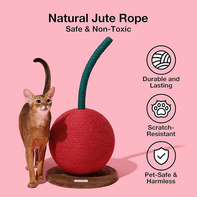 VETRESKA Cherry Cat Scratching Post, 22.64" Tall Cat Scratcher with Sisal Rope Ball, Vertical Cat Scratch Post Claw Scratchers for Indoor Cats, Kitten Supplies - PAWPICO