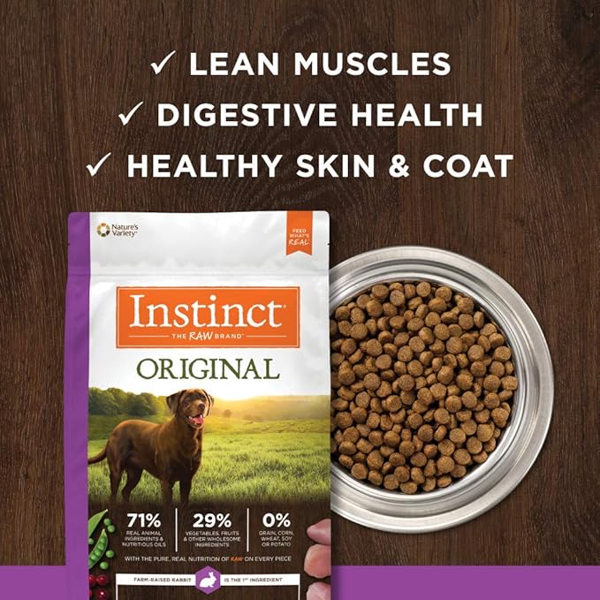 Instinct Dog Food, Grain Free Dog Food Dry, High Protein, Raw Coated Dog Food, Dog Kibble, Original Real Rabbit, 20 lb. Bag - PAWPICO