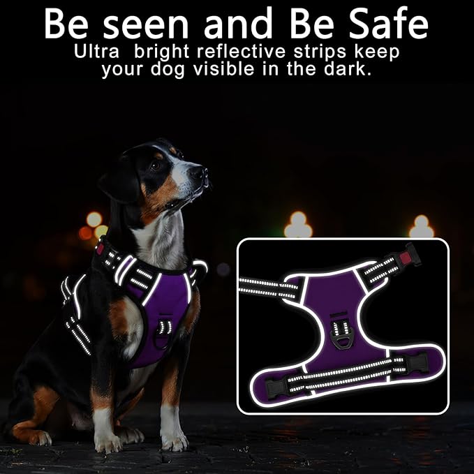 Timos Dog Harness Large Sized, No Pull Dog Harness with Neck Lockable Snap,No Choke Front Clip Dog Reflective Harness,Adjustable Metal Rings 3 Buckles,Easy Control Handle for Large Dogs Purple XL Timos