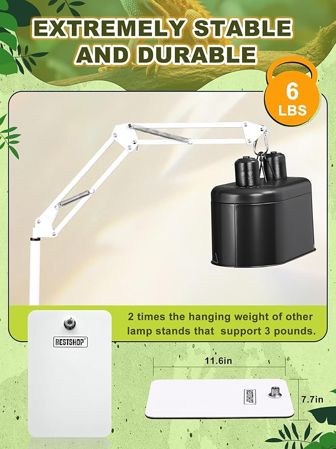 Reptile Lamp Stand, Heat Lamp Stand (15.7 to 74.3 inch) with Adjustable 360° Swing Arm for Terrarium, Reptile Heat Lamp Stand for Bearded Dragons, Turtles, and Chameleons (White) BESTSHOP
