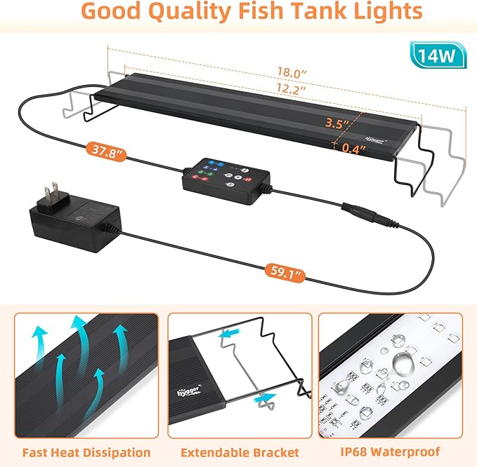 hygger LED Aquarium Light, 14W Full Spectrum Fish Tank Light with Multi-Color Timer DIY Mode 24/7 Natural Mode Adjustable Brightness, Aquarium Plant Light with Extendable Brackets for 12~18IN Tank hygger