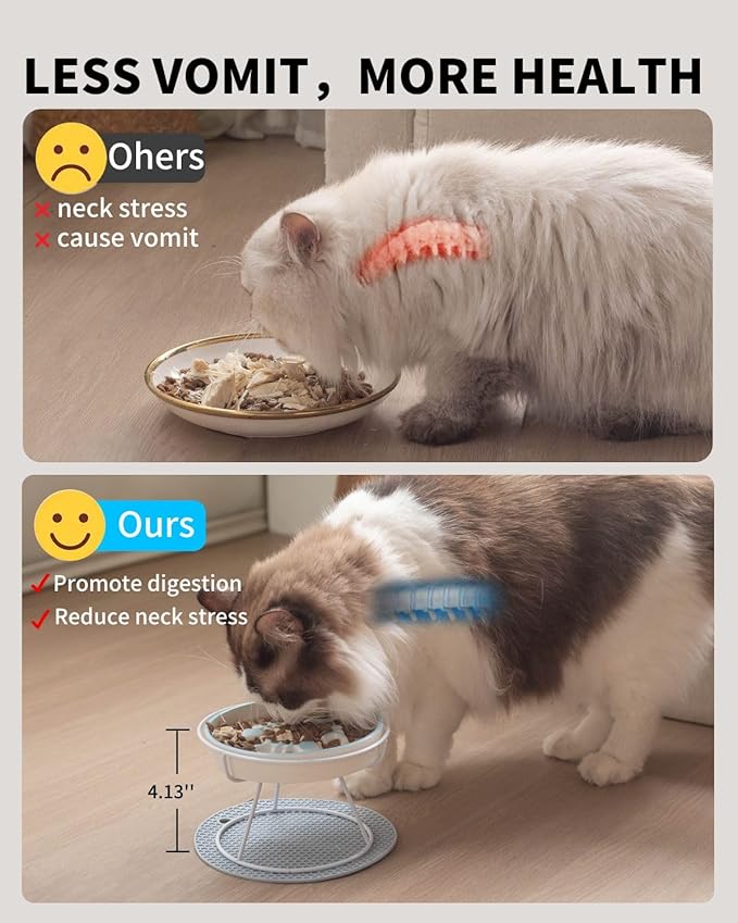 Adorable Whisker-Friendly Cat Slow Feeding Bowl, Upgraded Model,with Metal Stand, Prevents Whisker Fatigue, Promotes Healthy Eating, Prevents Vomiting and Indigestion, Cute Ceramic Pet Bowl - PAWPICO