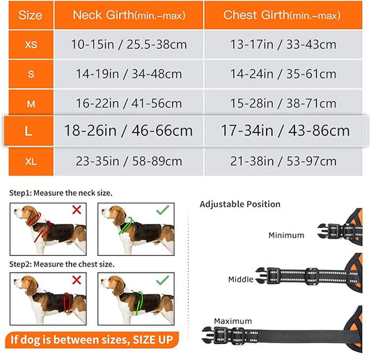 Timos Dog Harness Large Sized, No Pull Dog Harness with Neck Lockable Snap,No Choke Front Clip Dog Reflective Harness,Adjustable Metal Rings 3 Buckles,Easy Control Handle for Large Dogs Orange L Timos