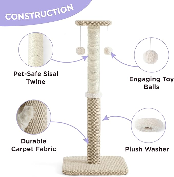 Lesure 34" Tall Cat Scratching Post - Premium Sisal Rope Highly Resistant Carpet Scratching Posts for Indoor Cats Adults, Sturdy Large Cat Scratch Pole with Hanging Ball, Beige(34 inch) - PAWPICO
