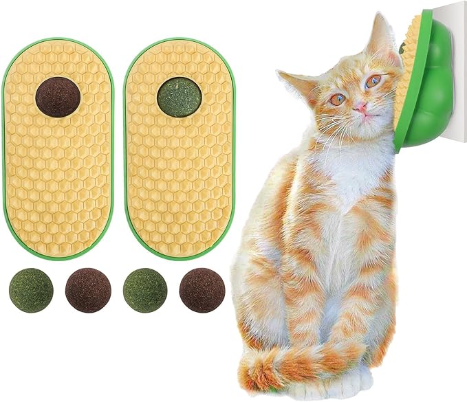 SEVENKA 2 Cat Toys Self-Grooming Cat Brush with 3 Catnip Balls & 3 Gall Fruit, Kitty Kitten Scratcher Self Groomer Catnip Toys for Indoor Cats, Chew Toys Wall Corner Brushes Edible Wall Treats, Yellow - PAWPICO