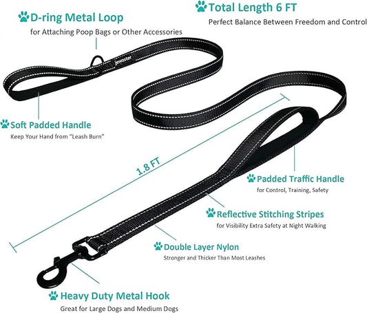 Heavy Duty Dog Leash - 2 Handles by Padded Traffic Handle for Extra Control, 6foot Long - Perfect for Medium to Large Dogs (6 ft, Black) JEWOSTER