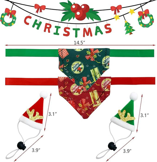 Vehomy Bearded Dragon Outfit, 4Pcs Christmas Costume Accessories - Santa Hats with Elk Horns & Reversible Bandanas for Hamster, Leopard Gecko, Guinea Pig Vehomy