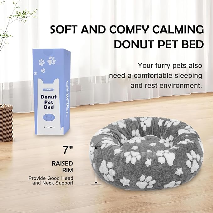 Donut Dog Beds for Small Dogs, Calming Round Cat Beds for Indoor Cats, Cute 3D Textured Paw Pet Bed with Removable Washable Cover and Anti-Slip Bottom(Grey,23") - PAWPICO