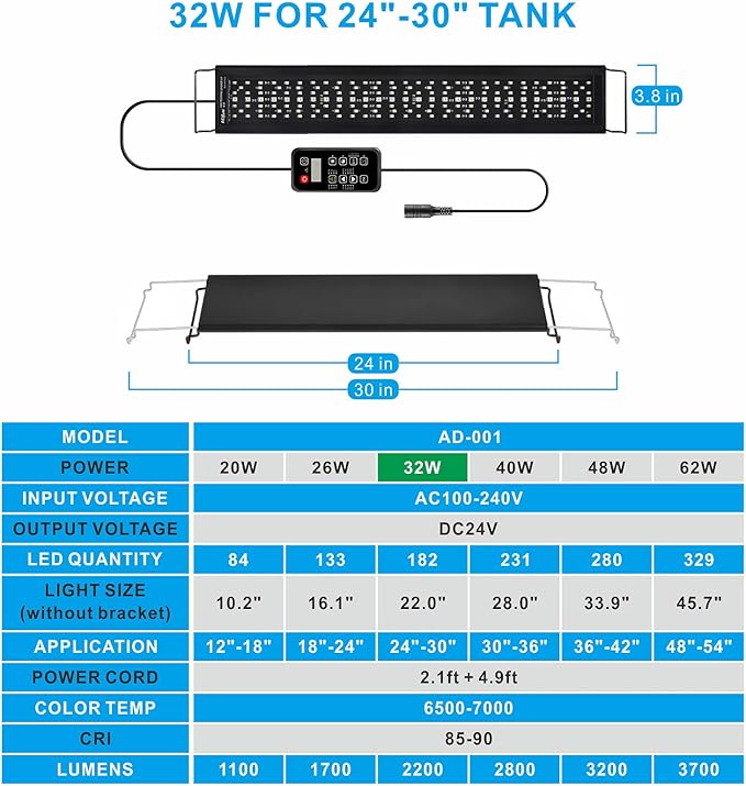 Advanced 7-Row LED Aquarium Light, Easy Setup Controller, Auto On Off Full Spectrum Fish Tank Light, 24/7 Lighting Cycle, 8 Colors, 10 Level Dimming, 32W for 24"-30" Freshwater Planted Tank Alidou
