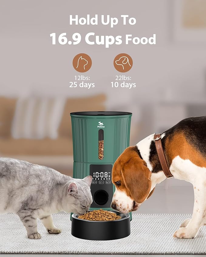 Petory Timed Automatic Cat Feeders - 4L Programable Dry Food Dispenser for Cats and Small Medium Dogs 6 Meals with Desiccant Bag Dual Power Supply 10S Voice Recorder - PAWPICO