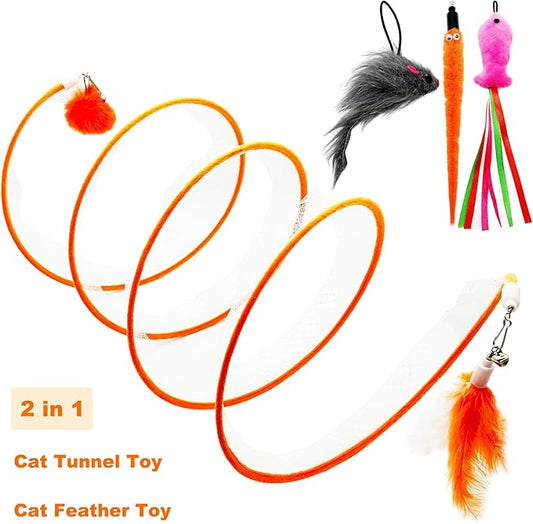 Spiral Tunnel Cat Toy, Self Play Cat Hunting Spiral Tunnel Toy Spiral Cat Toy, Folded Cat Tunnel Spring Toy for Indoor Cats (Orange) - PAWPICO