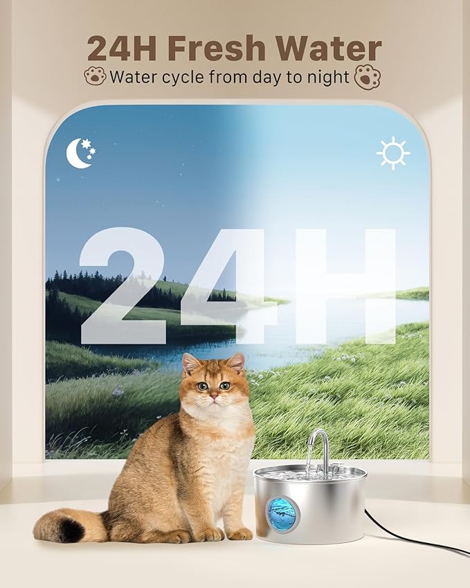 Cat Water Fountain Stainless Steel: Cat Fountain for Drinking - Pet Water Fountain for Cats Inside - 74oz/2.2L Quiet Cat Water Bowl Dispenser - Cat Drinking Fountains - Contains 6 Filters + 3 Sponges - PAWPICO