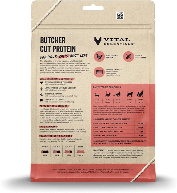 Vital Essentials Freeze Dried Raw Cat Food, Chicken Mini Nibs Entree, 12 oz VitalEssentials