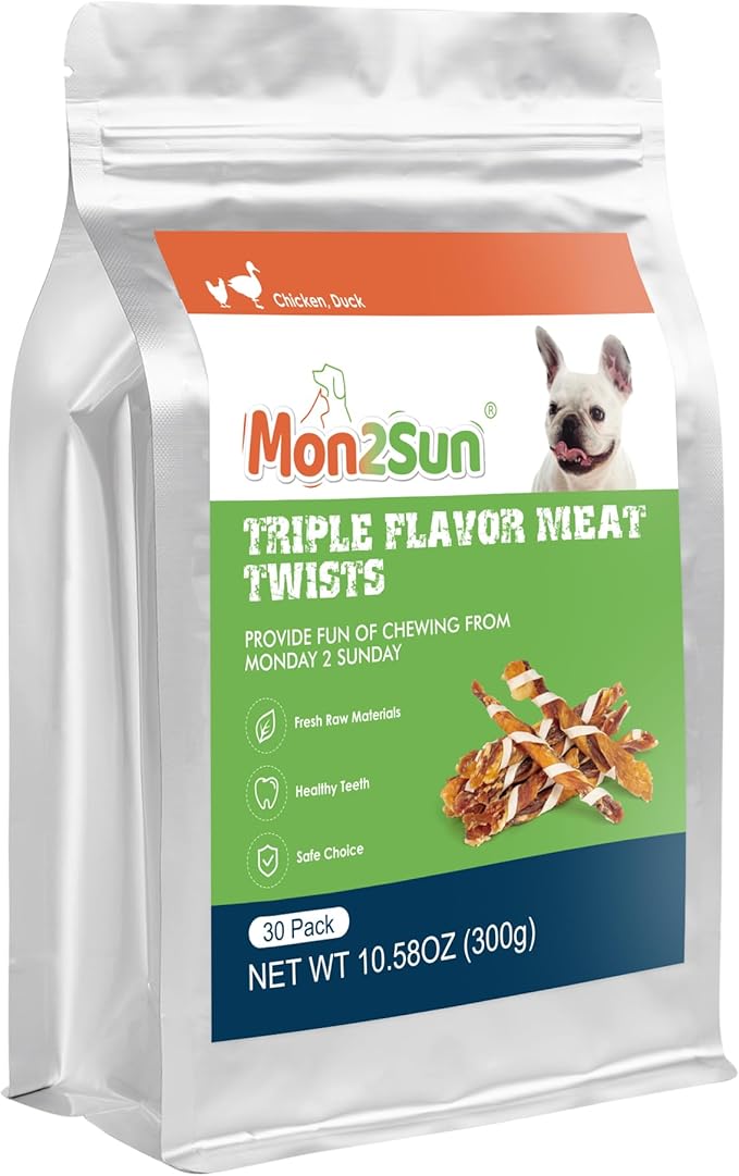 MON2SUN Dog Treats, Triple Flavor Jerky Twist Sticks, 4.5-5 Inch Chicken Duck and Codfish Sticks Dog Chews for Small Dogs, Healthy Dog Snacks, 10.58 oz (30 Count-Pack of 1) - PAWPICO