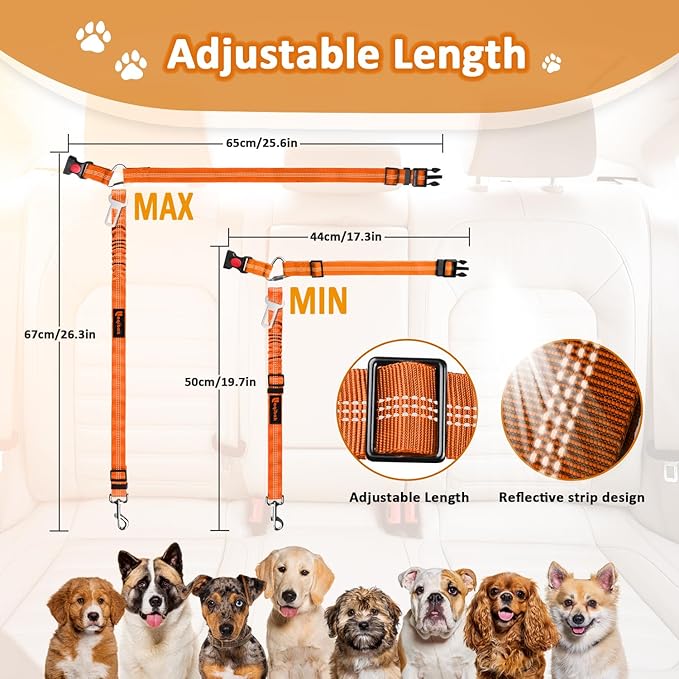 Removable Dog Seat Belt Harness for Car, 3 in 1 Pet Dog Car Seatbelt Leash, Retractable Restraint Secures to Vehicle Headrest & Adjustable Reflective Bungee Dog Seatbelt Tether,Orange - PAWPICO